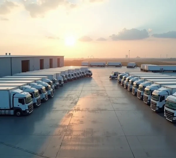 Vue aérienne d'un parc de véhicules professionnels près d'une installation de stockage de carburant moderne avec cuves et distribution centralisée