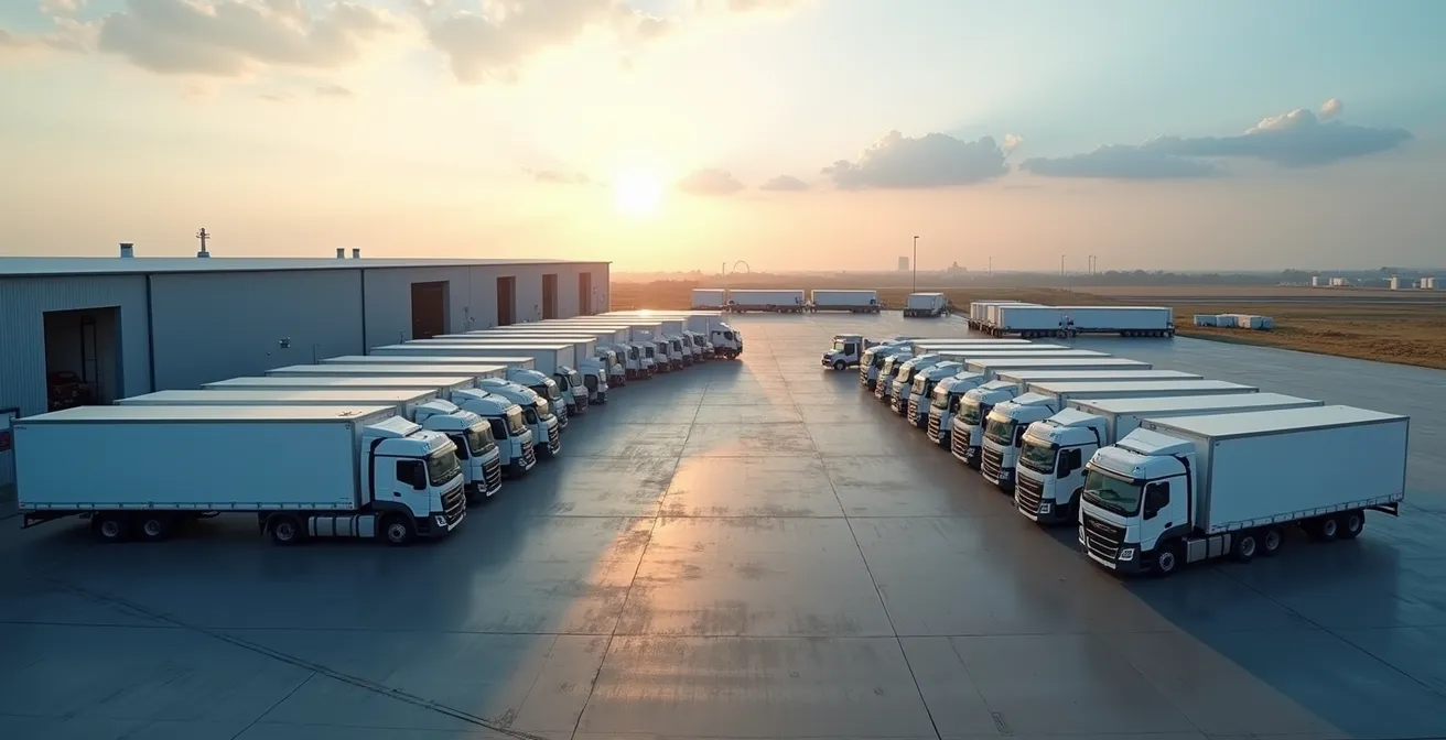 Vue aérienne d'un parc de véhicules professionnels près d'une installation de stockage de carburant moderne avec cuves et distribution centralisée
