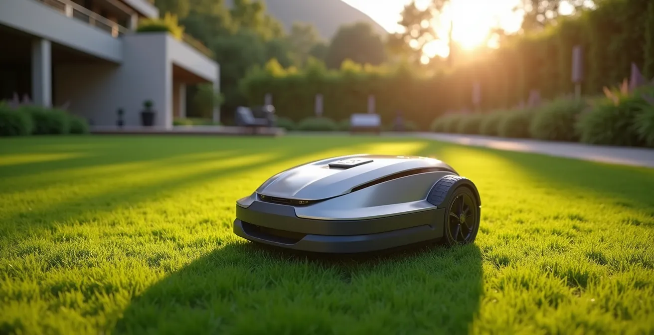 Robot tondeuse Husqvarna Automower dans un jardin résidentiel haut de gamme avec pelouse parfaitement tondue