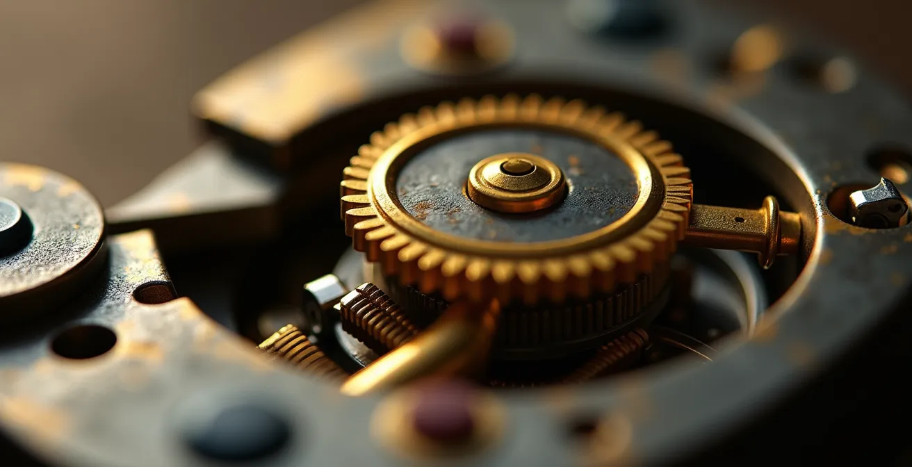 Gros plan macro des composants internes de la serrure : goupilles, ressorts et détails de précision mécanique
