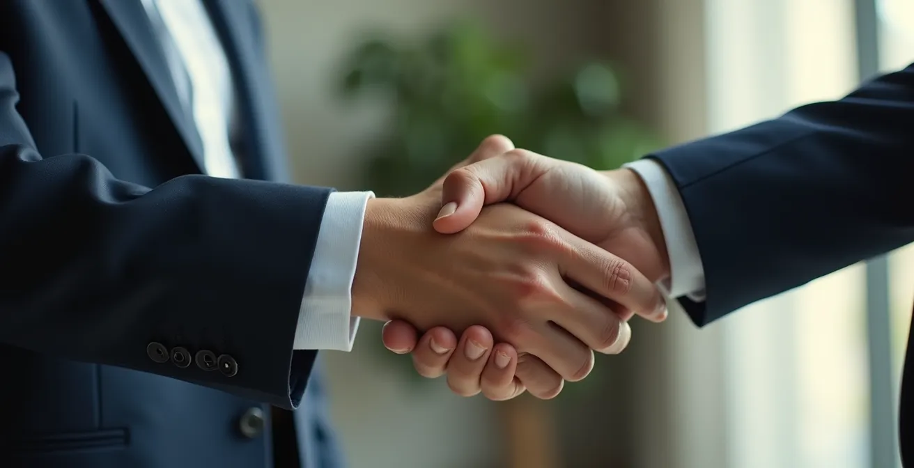 Poignée de main professionnelle entre deux personnes en tenue d'affaires symbolisant un partenariat stratégique avec lumière naturelle douce
