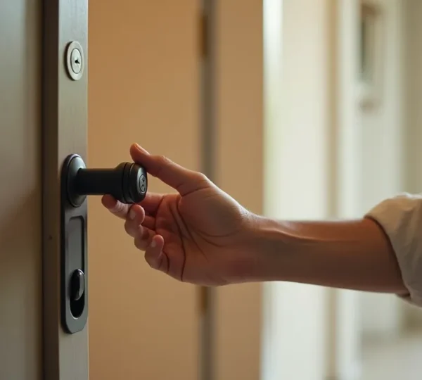 Porte d'entrée contemporaine avec serrure de sécurité et insertion de clé, représentant la sécurité domiciliaire