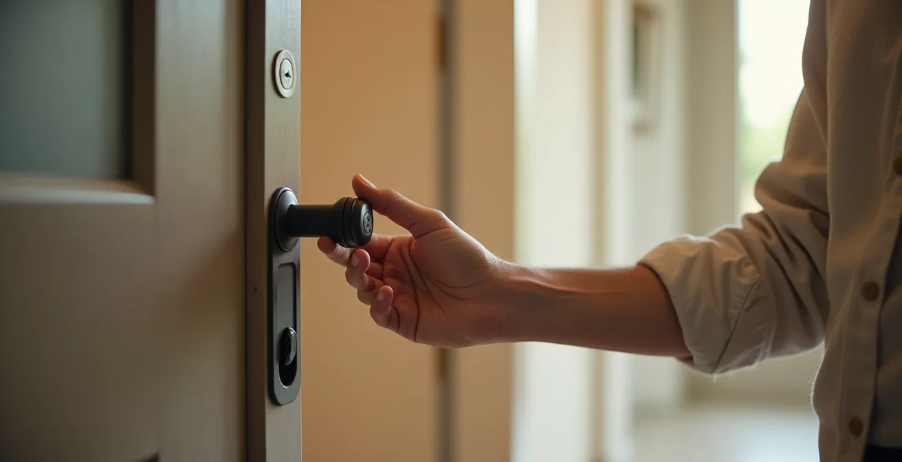 Porte d'entrée contemporaine avec serrure de sécurité et insertion de clé, représentant la sécurité domiciliaire