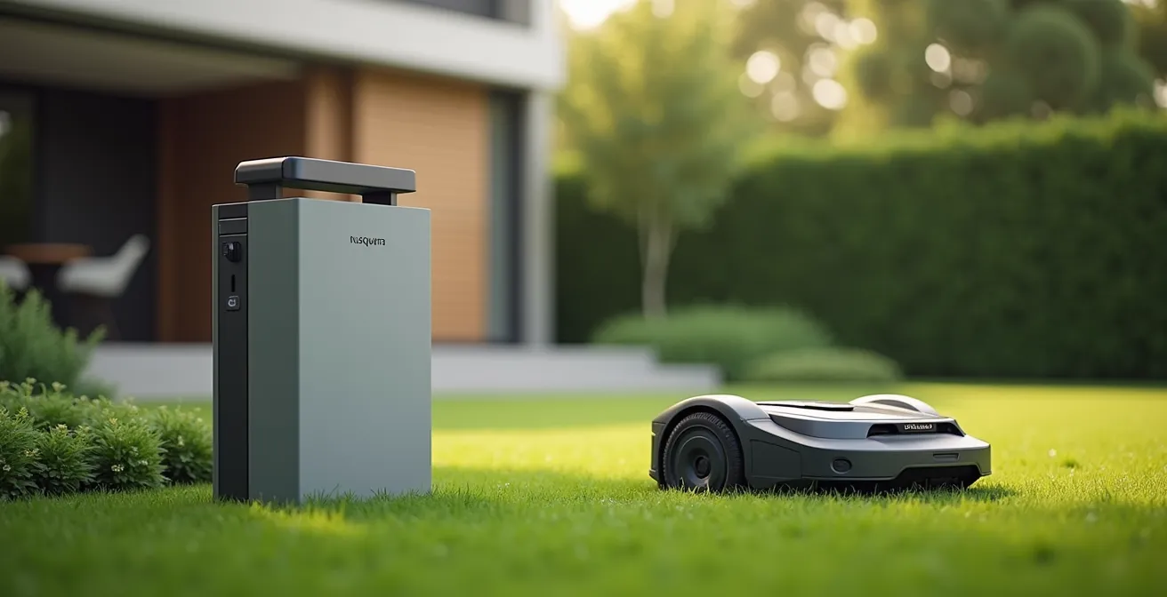 Station de charge Automower avec robot revenant automatiquement, montrant l'intégration technologique et la qualité de fabrication