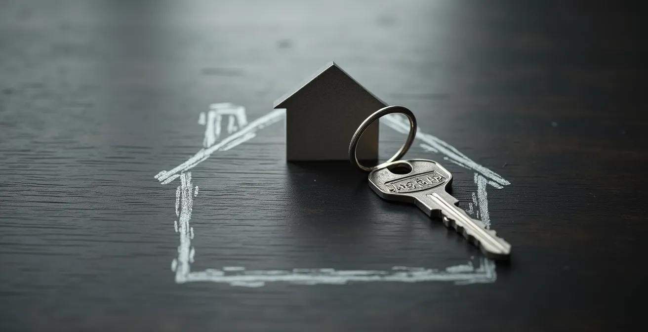 Représentation symbolique d'une clé d'argent à côté d'un croquis minimaliste de maison, symbolisant les changements de vie et la propriété du domicile