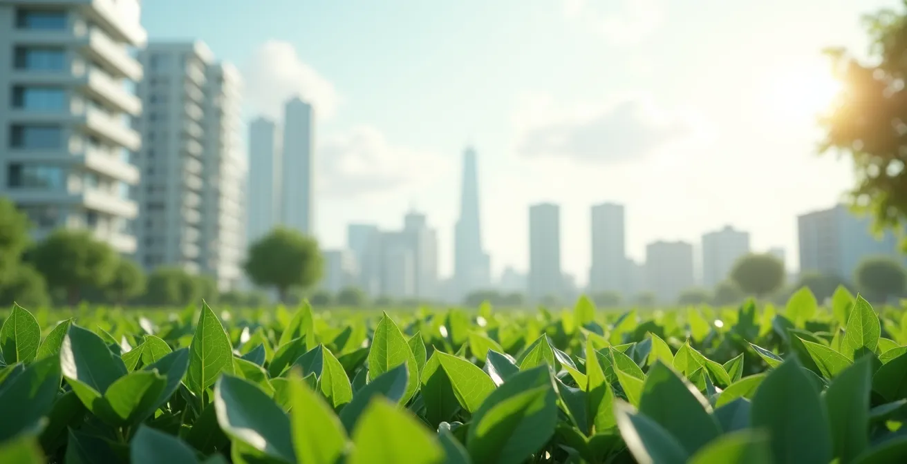 Vue minimaliste d'un espace urbain propre avec végétation luxuriante en premier plan et architecture durable floue en arrière-plan sous ciel clair
