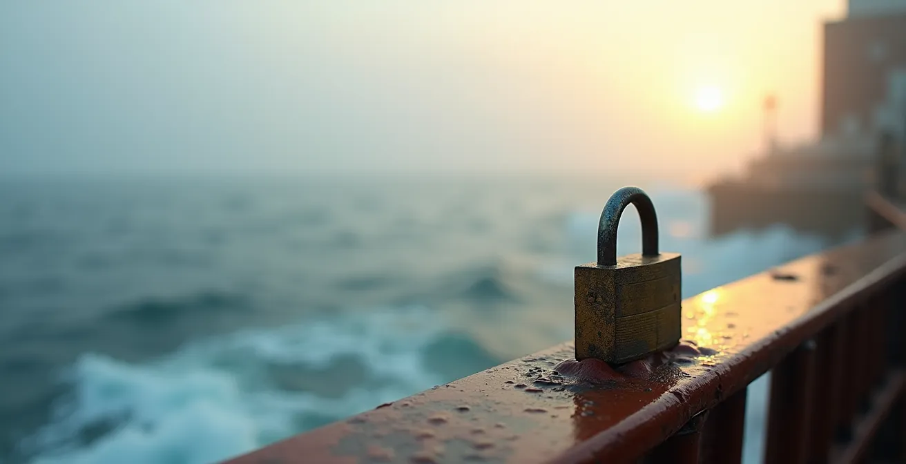 Cadenas exposé aux embruns marins montrant les effets de la corrosion saline