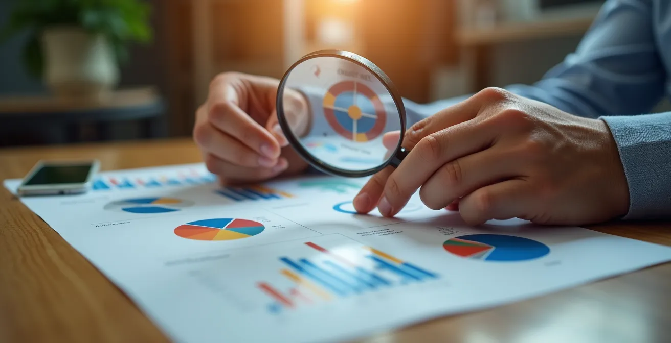 Mains analysant des documents financiers avec loupe sur bureau en bois