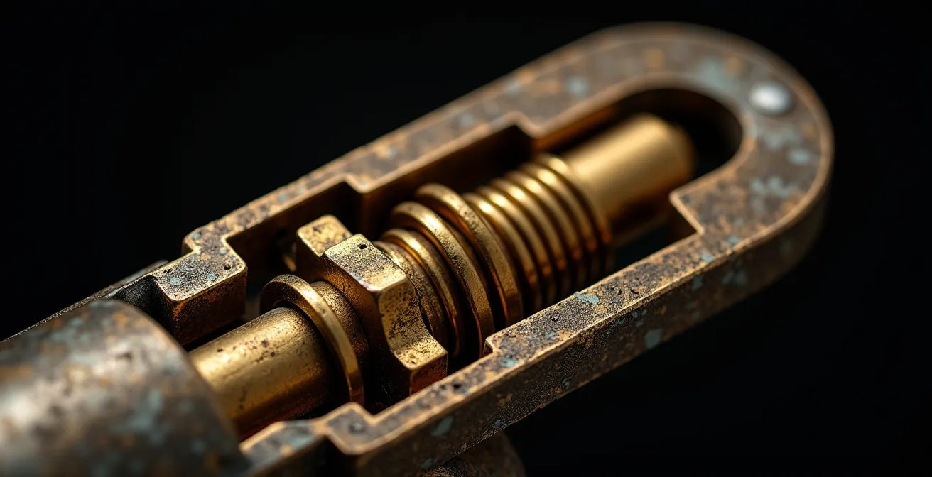 Vue macro détaillée du mécanisme interne d'un cadenas montrant les goupilles