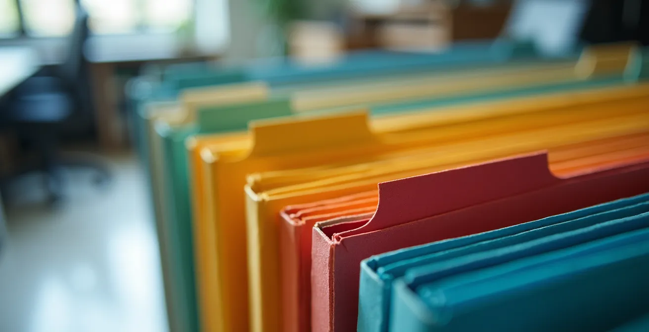 Vue macro de dossiers colorés organisés en cascade avec onglets visibles