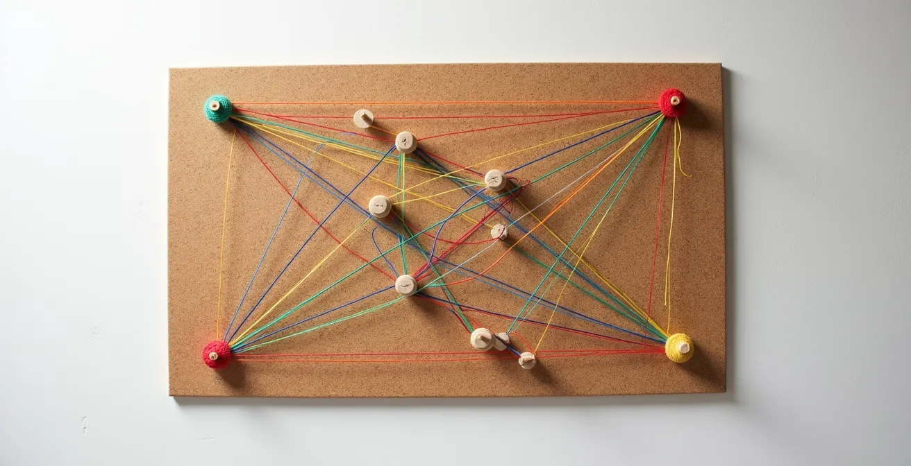 Carte conceptuelle avec connexions colorées entre différents objectifs stratégiques