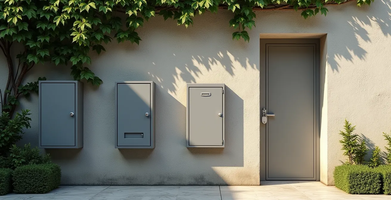 Vue environnementale d'une boîte à clés intégrée dans un mur avec végétation