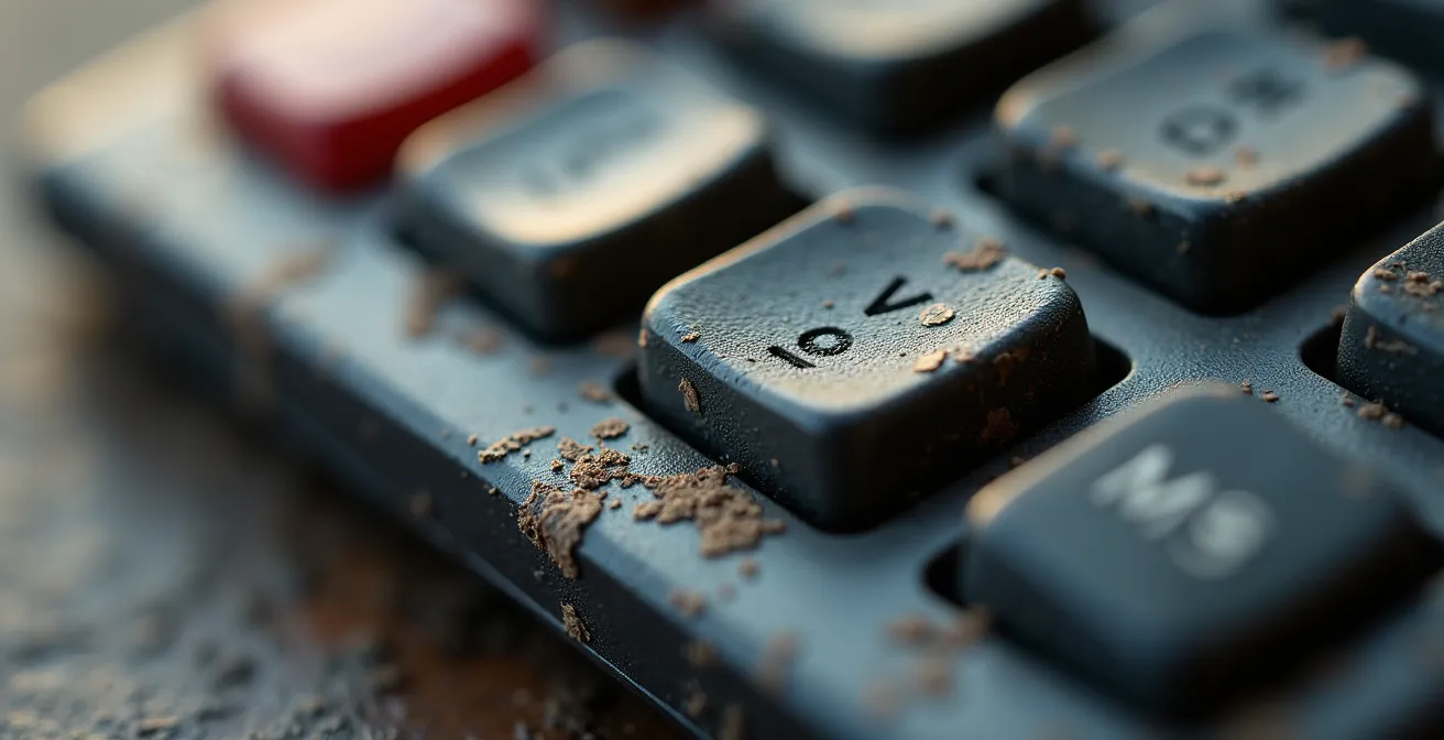 Vue macro d'une surface métallique de boîte à clés montrant des traces d'usure révélatrices