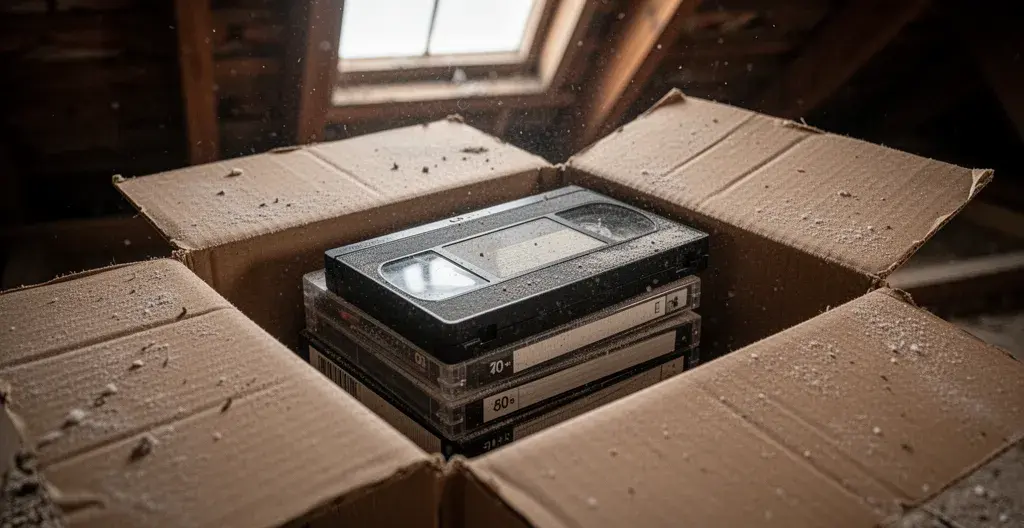 Carton ouvert dans un grenier révélant des cassettes VHS poussiéreuses stockées depuis des années