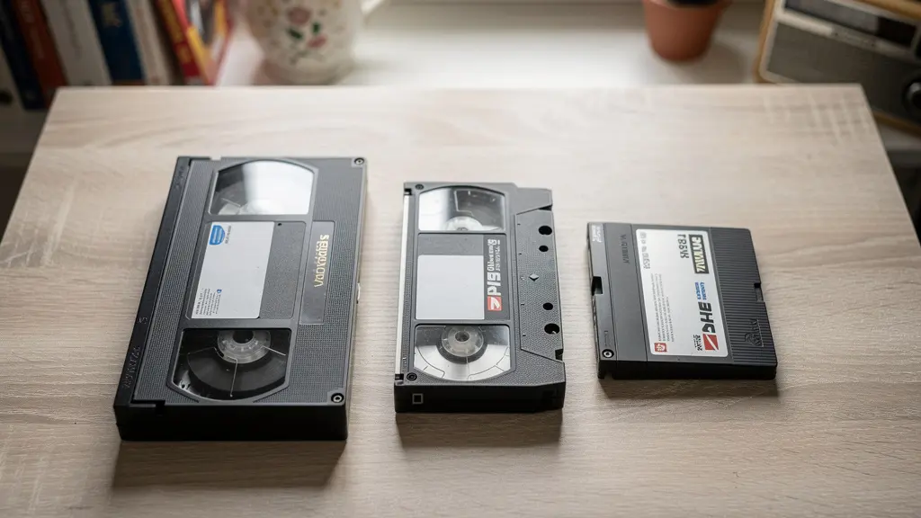 Trois formats de cassettes vidéo (VHS, Hi8, MiniDV) posés côte à côte pour comparaison