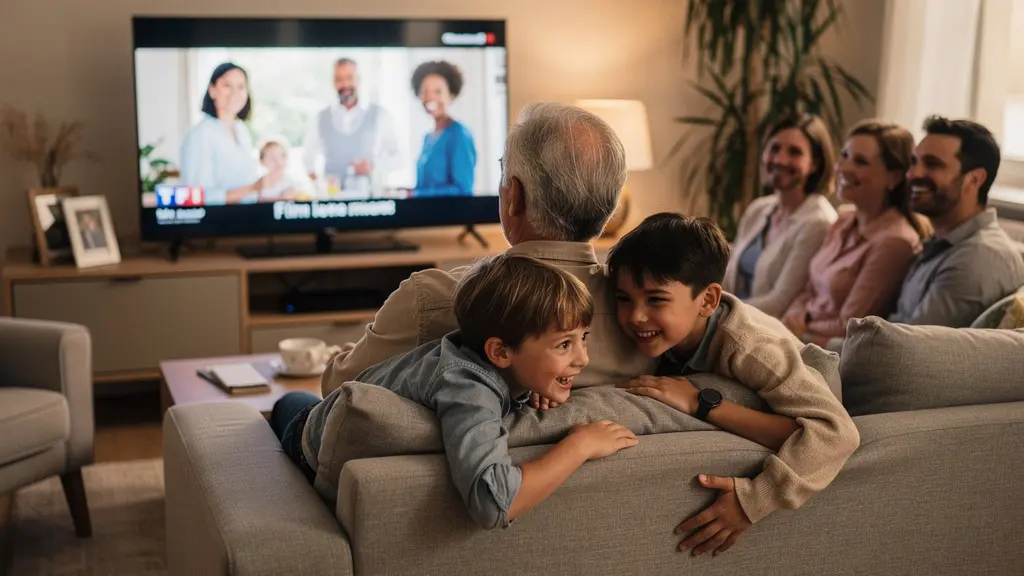 Famille française multigénérationnelle redécouvrant des vidéos de famille numérisées dans leur salon