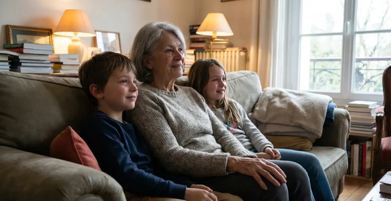 Grand-mère et petits-enfants partageant un moment d'émotion devant des souvenirs vidéo familiaux
