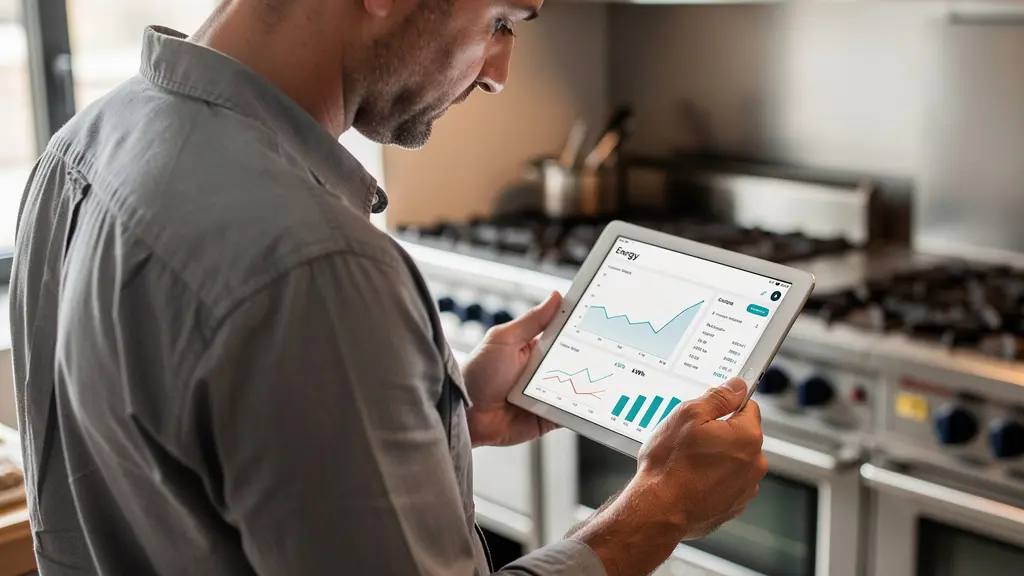 Gérant de restaurant analysant sa facture énergétique sur tablette dans sa cuisine