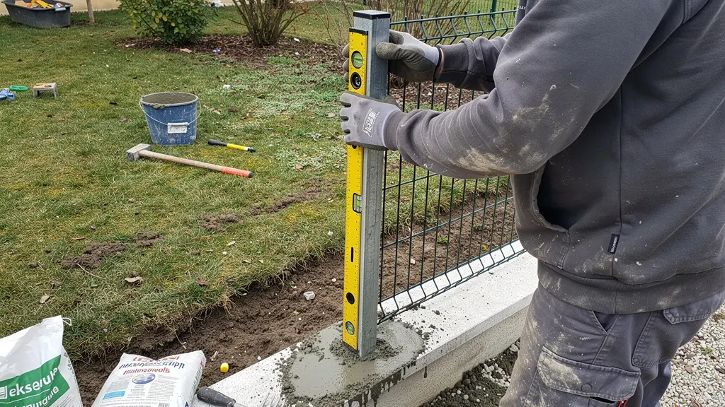Travaux de scellement d'un poteau de clôture dans le béton