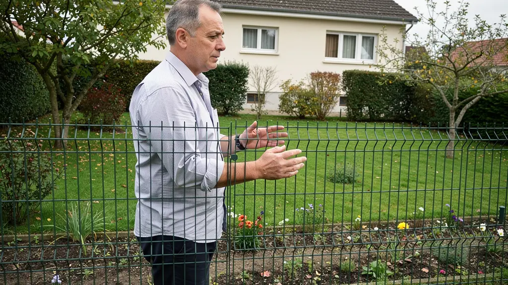 Propriétaire observant son jardin sécurisé par un grillage rigide vert