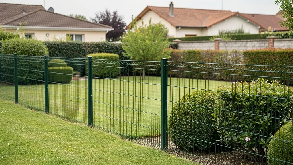 Clôture grillage rigide délimitant un jardin résidentiel français