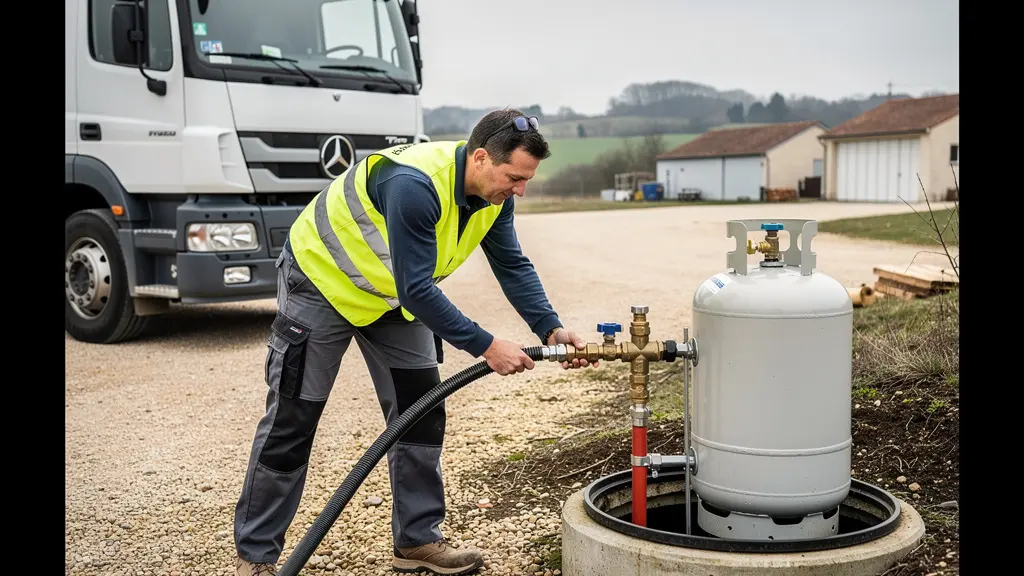 Camion de livraison propane connectant la citerne sur un site professionnel rural