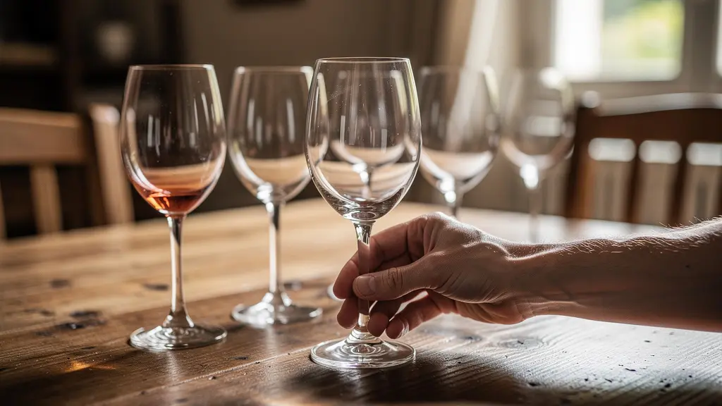 Rangée de verres à vin de formes variées sur table en bois, lumière traversant le cristal