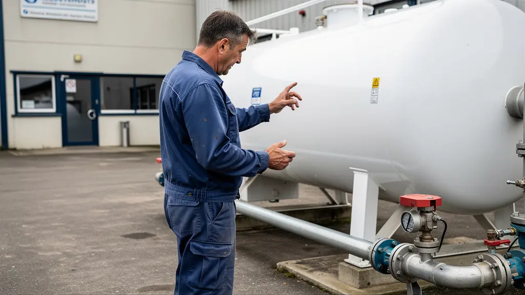 Technicien inspectant une citerne de gaz propane sur un site industriel français