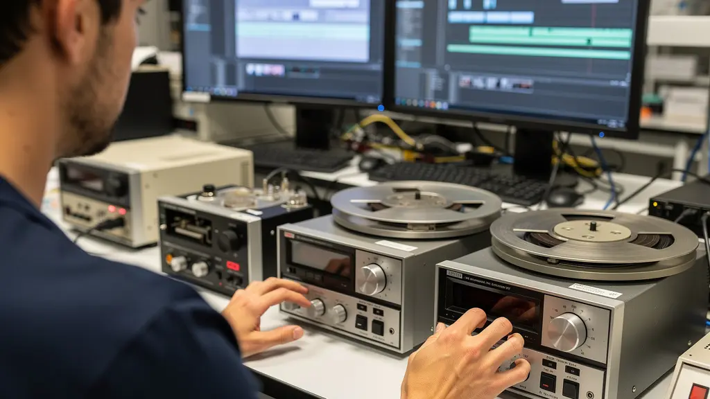 Technicien français dans un laboratoire de numérisation manipulant du matériel audiovisuel vintage