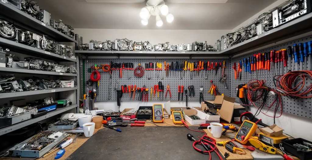 Intérieur d'un atelier de réparation électroménager avec établi et pièces détachées