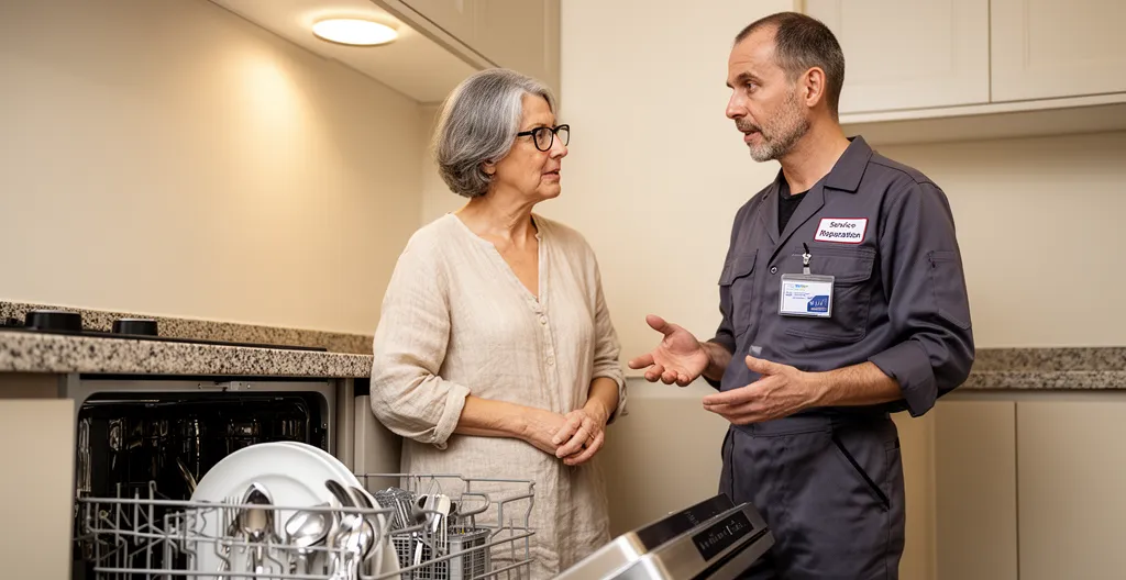 Cliente échangeant avec un réparateur électroménager devant son lave-vaisselle ouvert