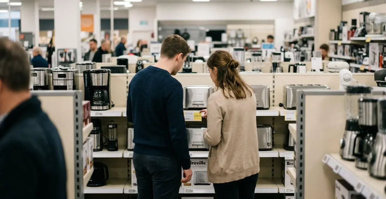 Couple vu de dos observant une étiquette de prix dans un rayon électroménager lumineux