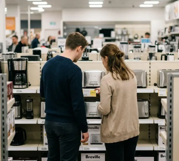 Couple vu de dos observant une étiquette de prix dans un rayon électroménager lumineux