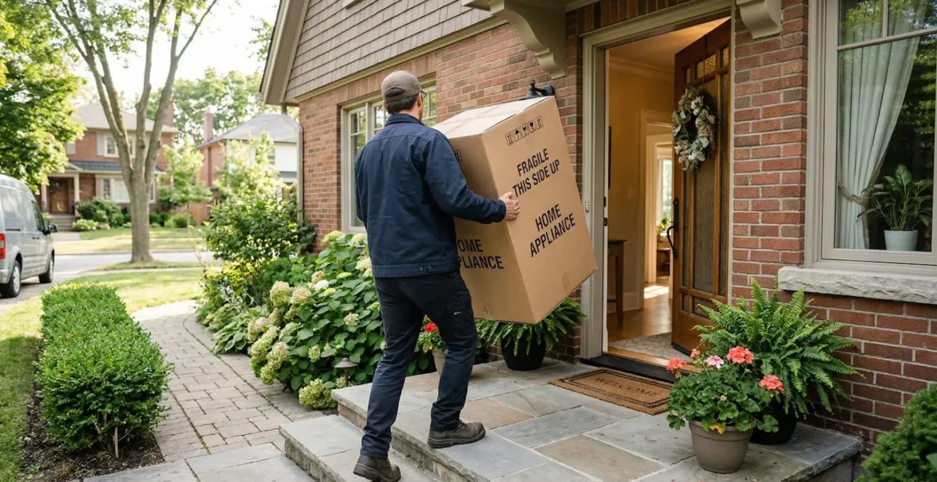 Livreur de dos portant un carton de gros électroménager vers une porte d'entrée ouverte dans un environnement résidentiel