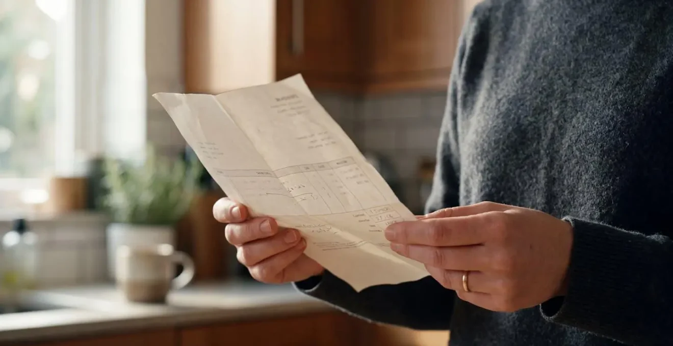Mains tenant un ticket de caisse dans une cuisine moderne baignée de lumière naturelle