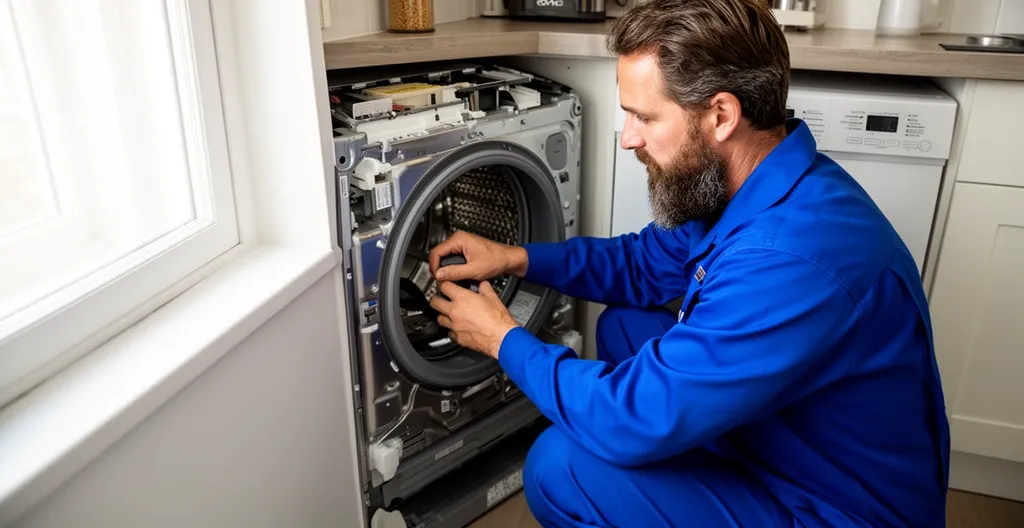 Technicien SAV de proximité inspectant un lave-linge dans une cuisine résidentielle