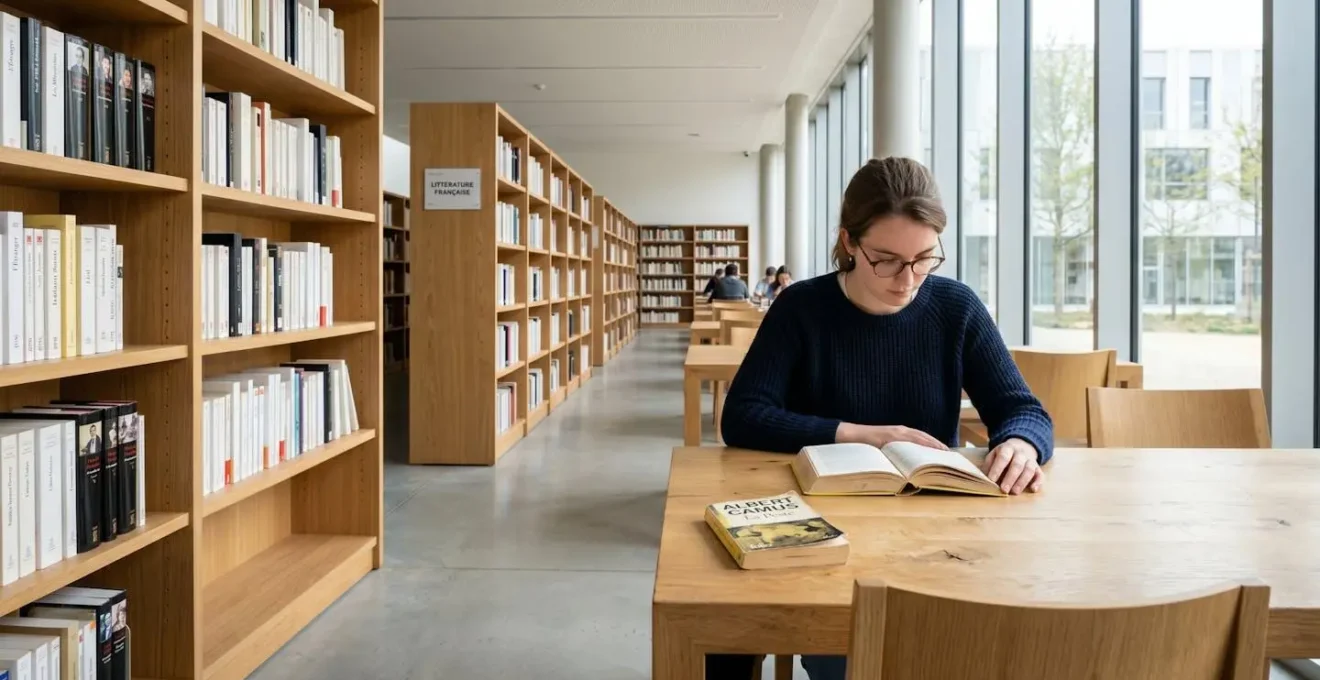 Une bibliothèque contemporaine aux étagères épurées, un exemplaire de La Peste ouvert sur une table en bois, baigné de lumière naturelle depuis une grande fenêtre
