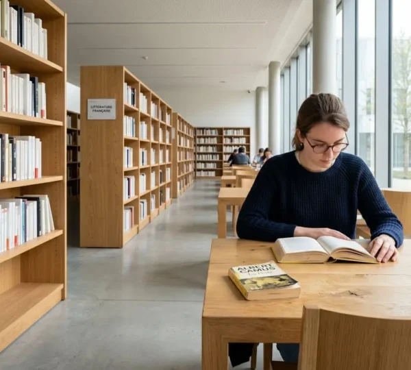 Une bibliothèque contemporaine aux étagères épurées, un exemplaire de La Peste ouvert sur une table en bois, baigné de lumière naturelle depuis une grande fenêtre