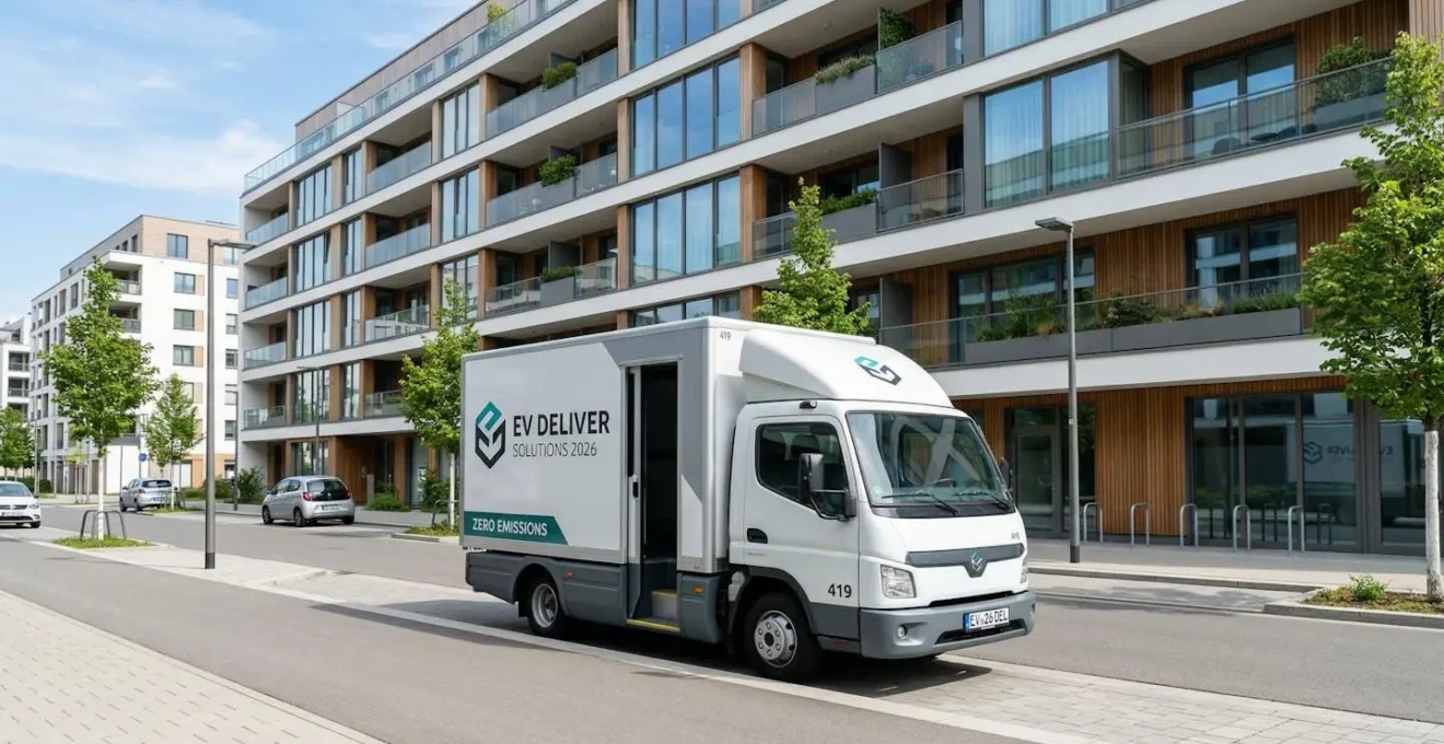 Camion de livraison moderne stationné devant un immeuble résidentiel contemporain par une journée ensoleillée