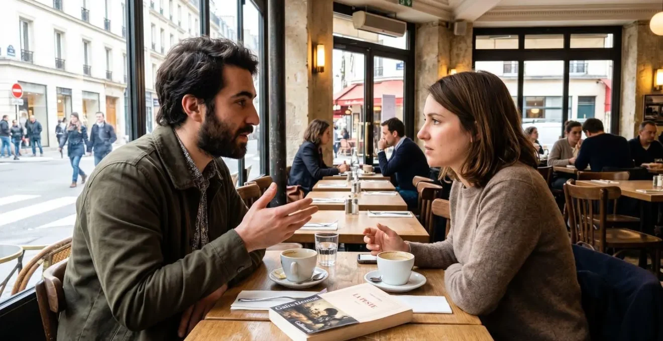 Deux personnes dans un café contemporain, l'une montrant un exemplaire de La Peste à l'autre, moment spontané de discussion littéraire, angle de vue par-dessus l'épaule, interaction naturelle sans regard vers la caméra