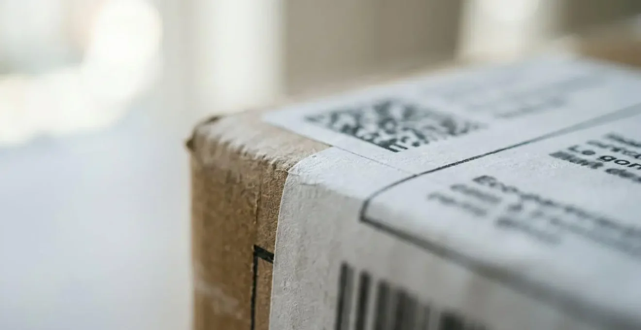 Gros plan sur une étiquette éco-participation apposée sur un emballage d'appareil électroménager, montrant le montant en euros