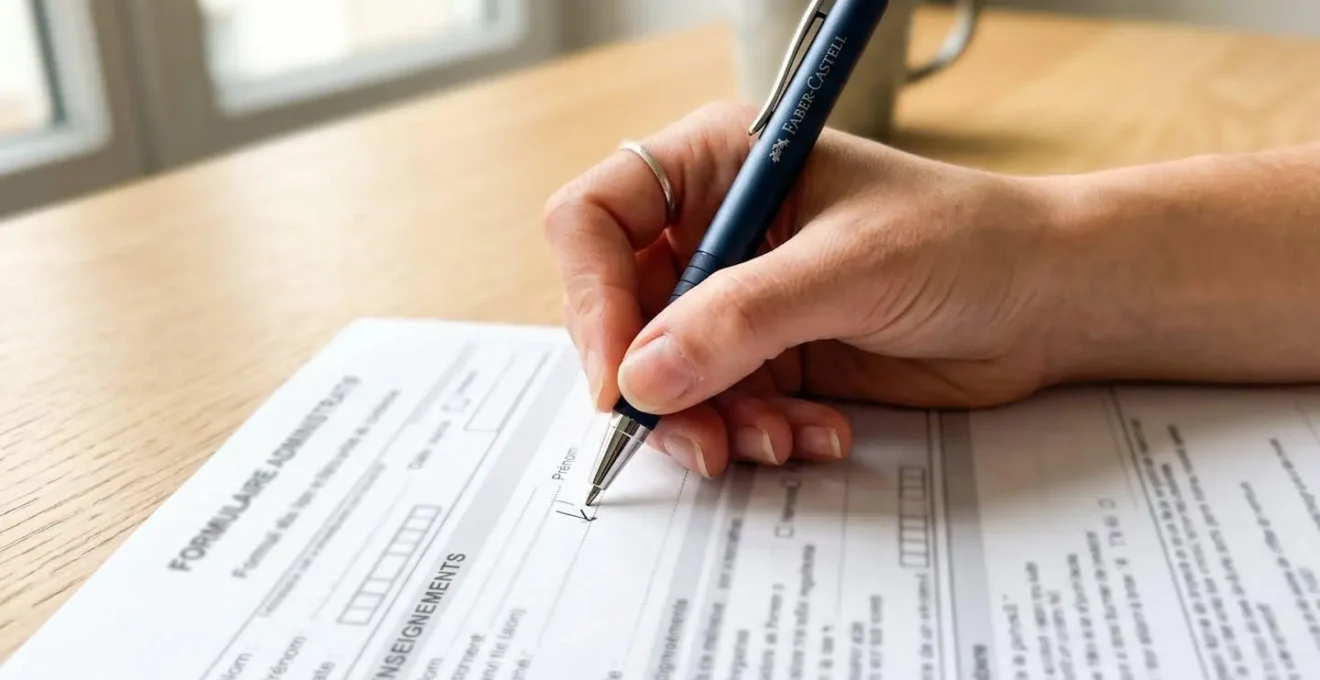 Gros plan sur une main de jeune adulte remplissant un formulaire administratif d'inscription avec un stylo moderne, texte du document flouté, bureau propre et lumineux