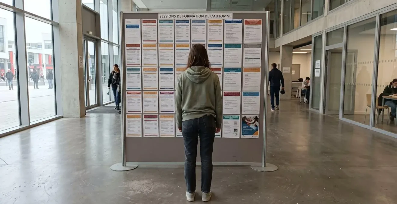 Jeune femme vue de dos consultant un panneau d'affichage de formations dans un hall de formation contemporain, éclairage naturel abondant, architecture moderne et lumineuse