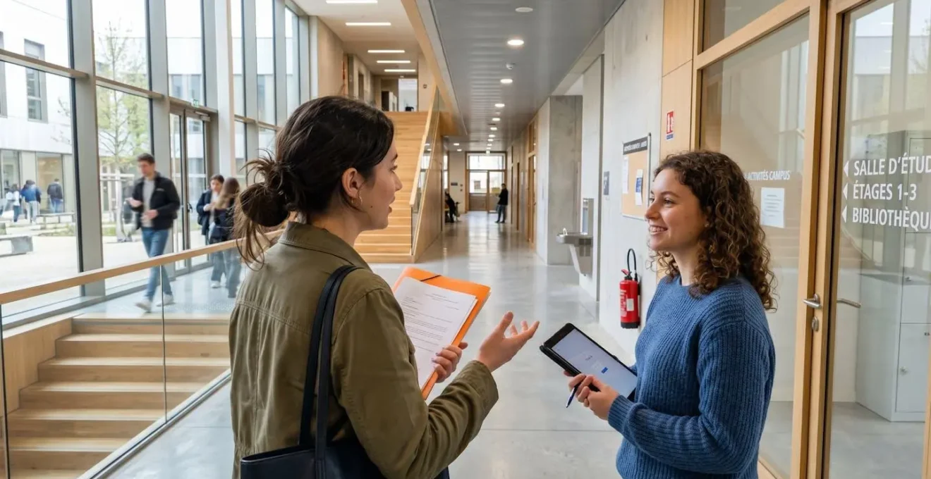 Deux jeunes adultes discutant dans un couloir lumineux d'établissement de formation contemporain, l'un tenant un dossier, l'autre consultant une tablette, échange naturel sans regard caméra