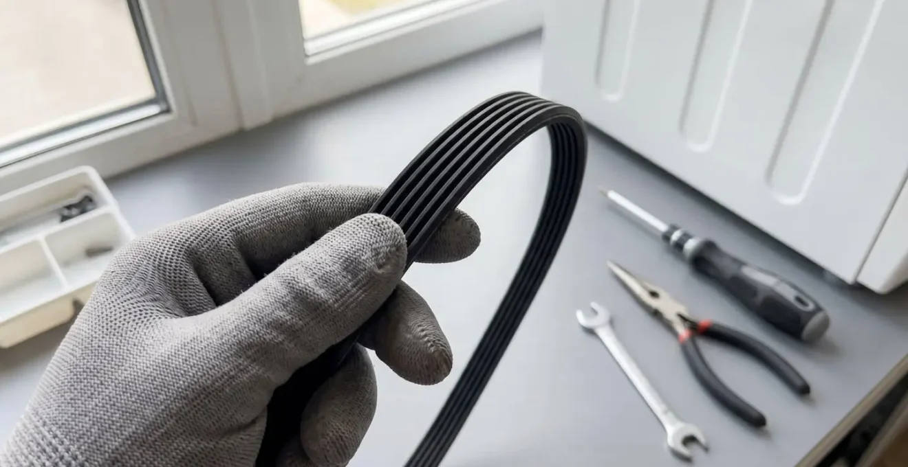 Gros plan sur une main de technicien tenant une courroie de lave-linge neuve avec un arrière-plan flouté montrant des outils professionnels