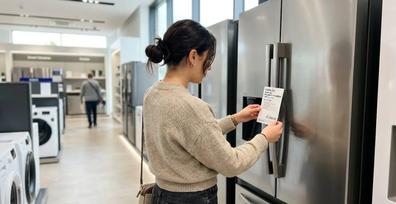 Une personne vue de dos consulte une étiquette de prix sur un réfrigérateur moderne dans un rayon électroménager lumineux