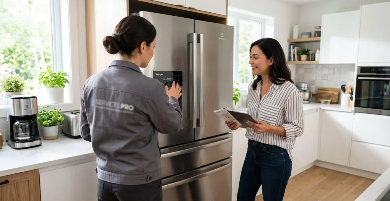 Un technicien vu de dos explique une panne d'électroménager à une cliente dans une cuisine contemporaine lumineuse