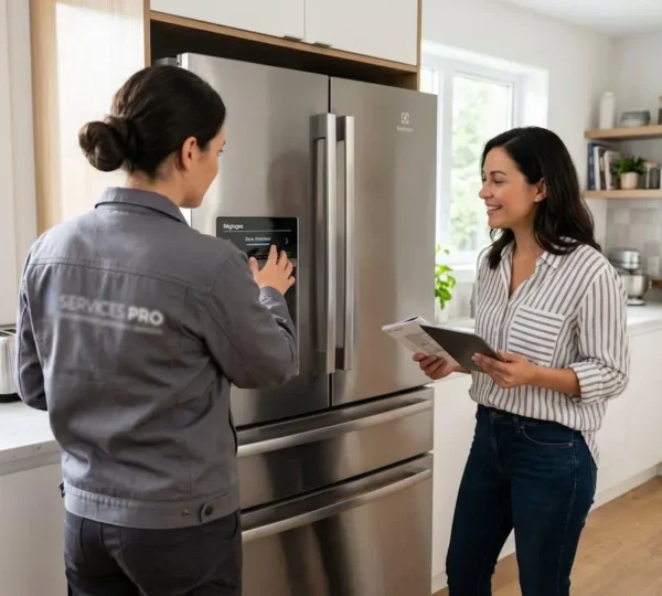 Un technicien vu de dos explique une panne d'électroménager à une cliente dans une cuisine contemporaine lumineuse