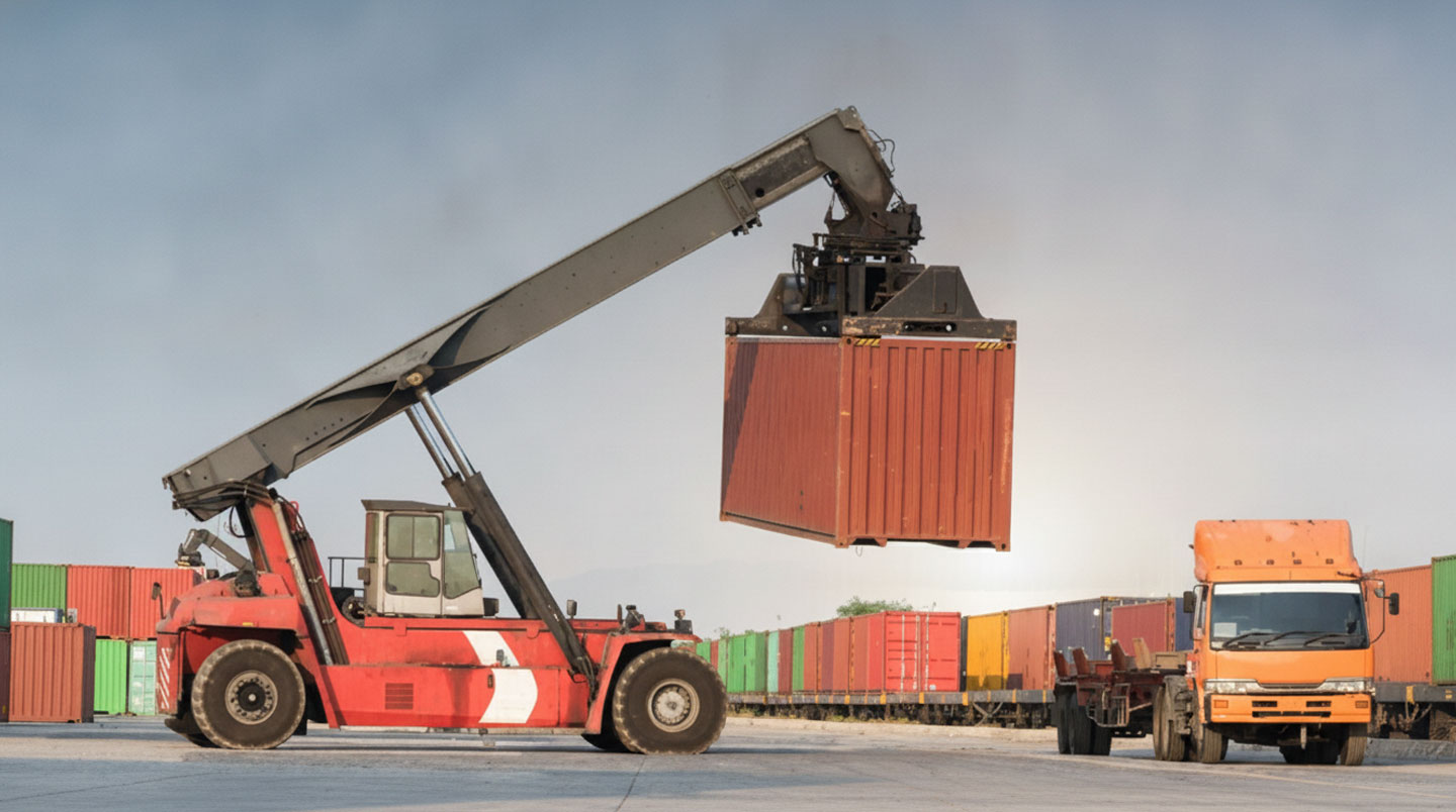 Grue mobile déposant un container maritime 20 pieds suspendu par sangles sur un terrain préparé avec dalle béton, opérateur dans la cabine, environnement résidentiel français en arrière-plan