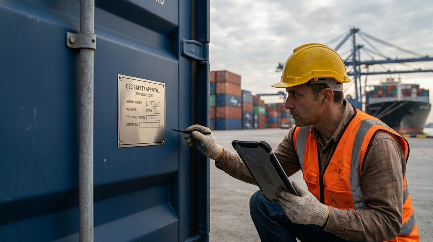 Gros plan d'une plaque CSC de sécurité apposée sur la porte métallique d'un container maritime, affichant numéro d'identification, dates de fabrication et de contrôle, et organisme certificateur
